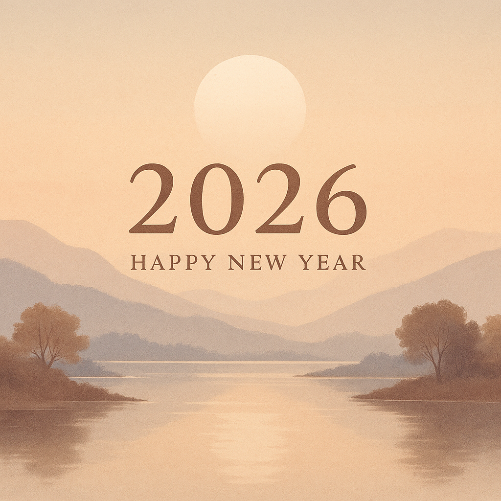 Serene sunrise over a calm landscape, representing the intention to design a life of peace, kindness, and joy in the year ahead
