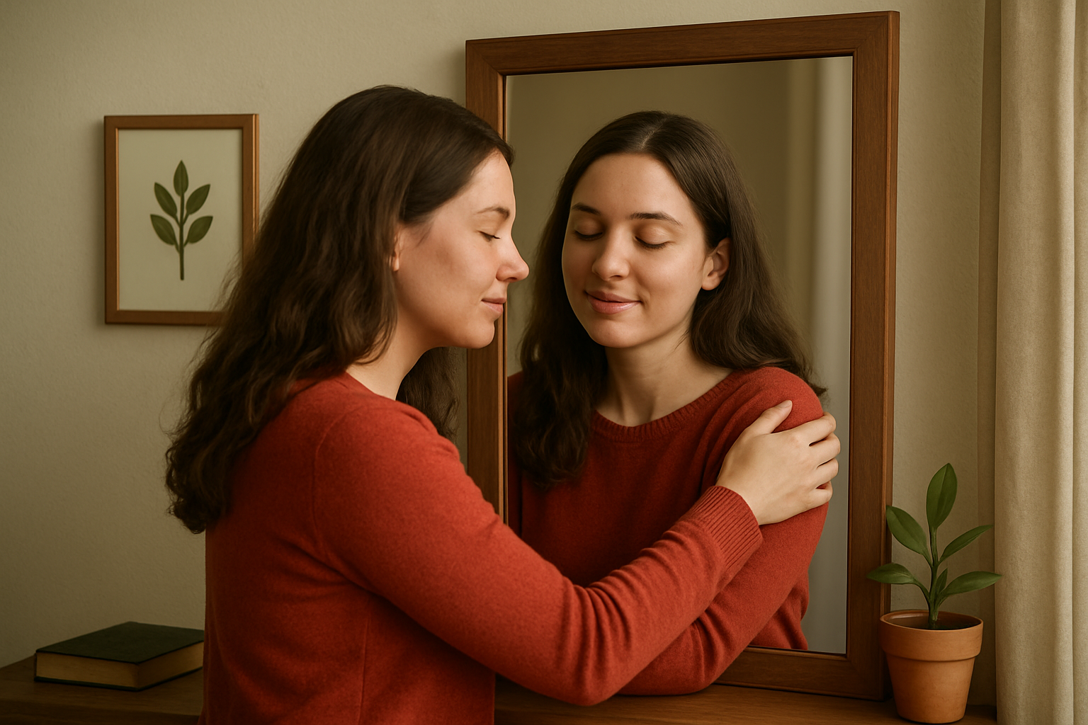 A person sitting quietly in reflection with hands over heart, representing the practice of building a deeper, more compassionate connection with yourself