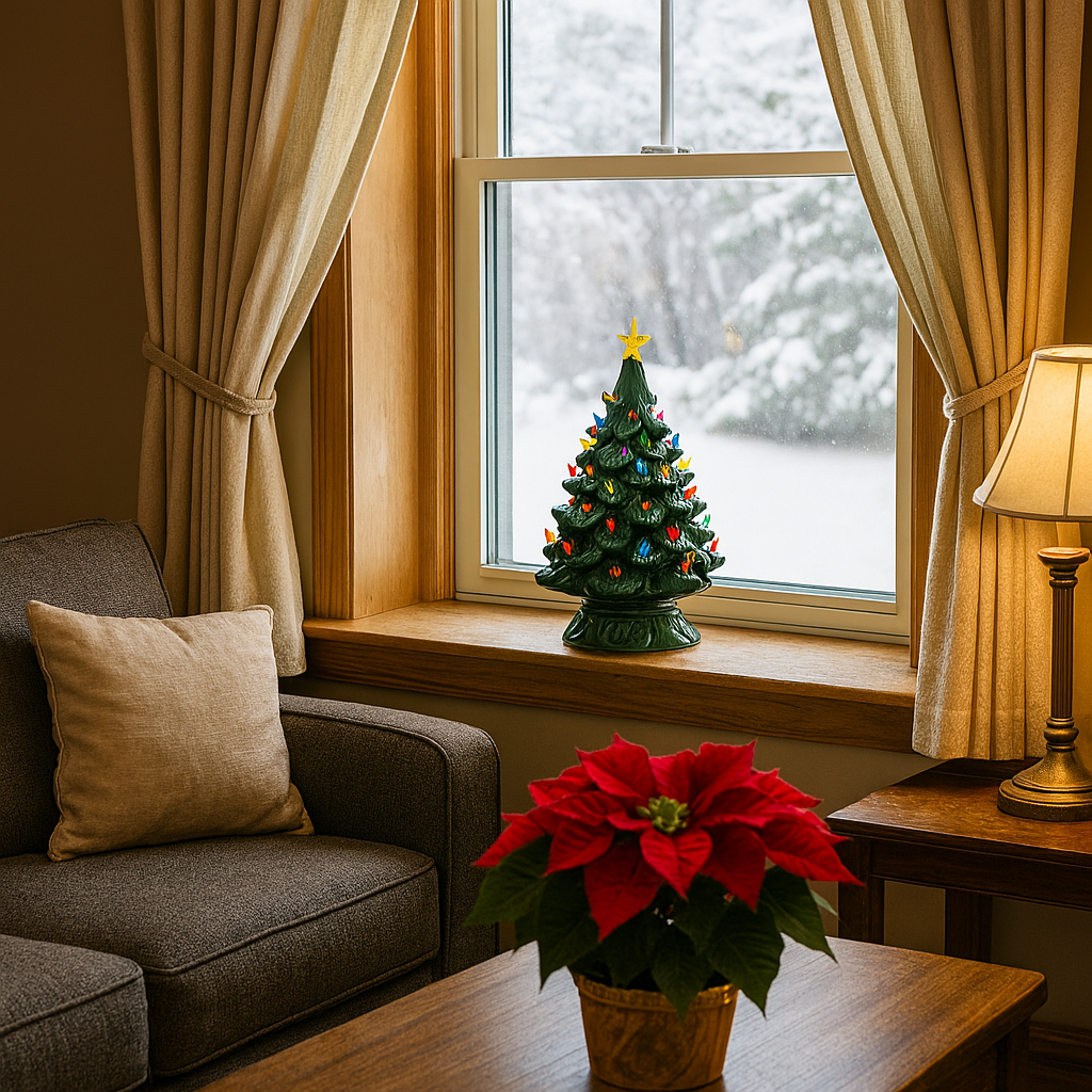 A simple, cozy holiday scene with a single candle and a cup of tea, representing the peace of a quiet, intentional Christmas