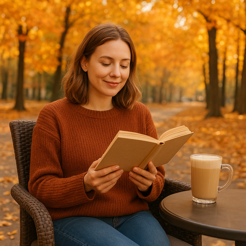 A woman enjoying a latte at a cozy autumn café, representing the fine line between genuine self-care and self-indulgence — and the importance of knowing the difference