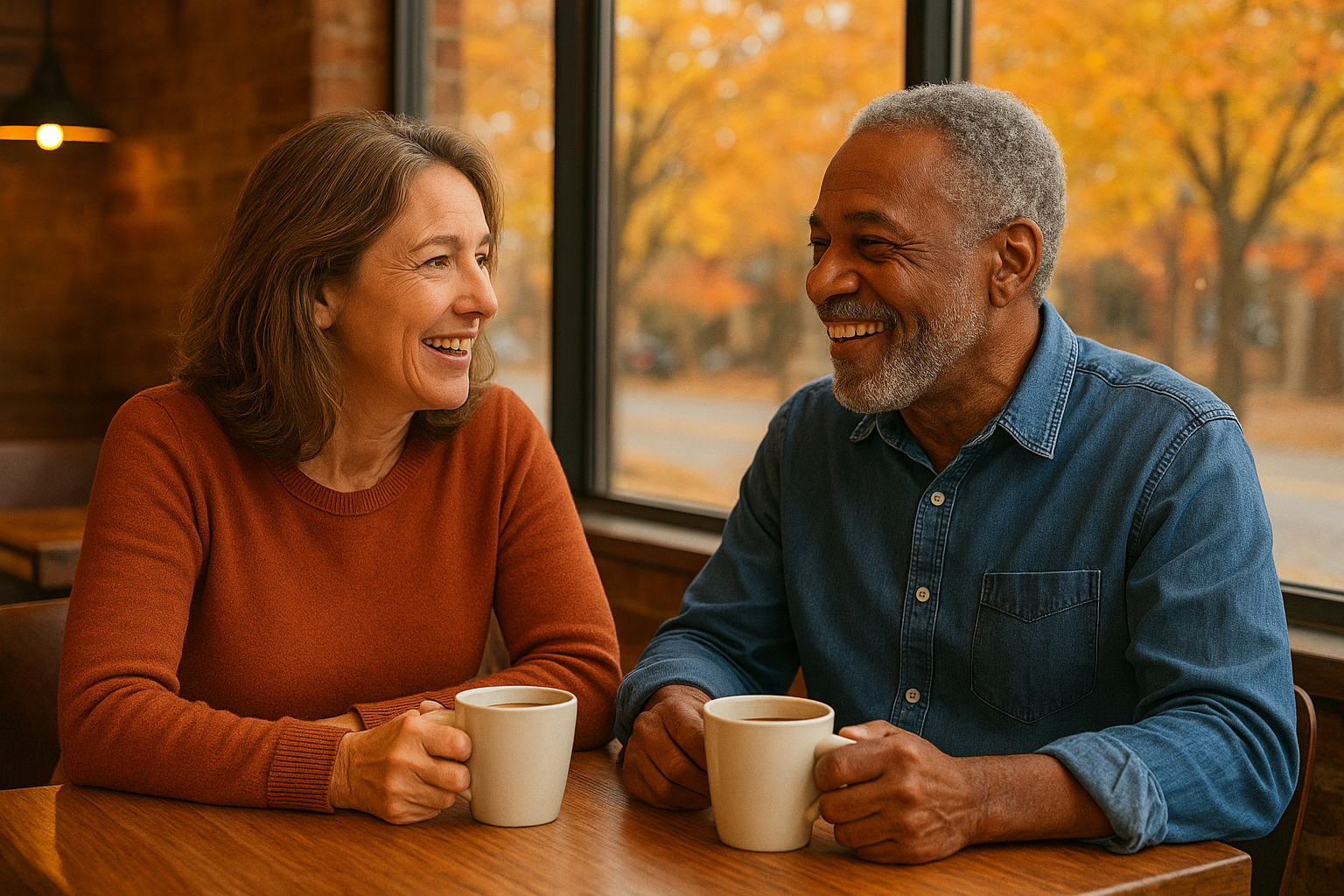Two people having an intimate, attentive conversation at a cozy autumn café, representing the art of being a good listener and creating space for someone else's truth