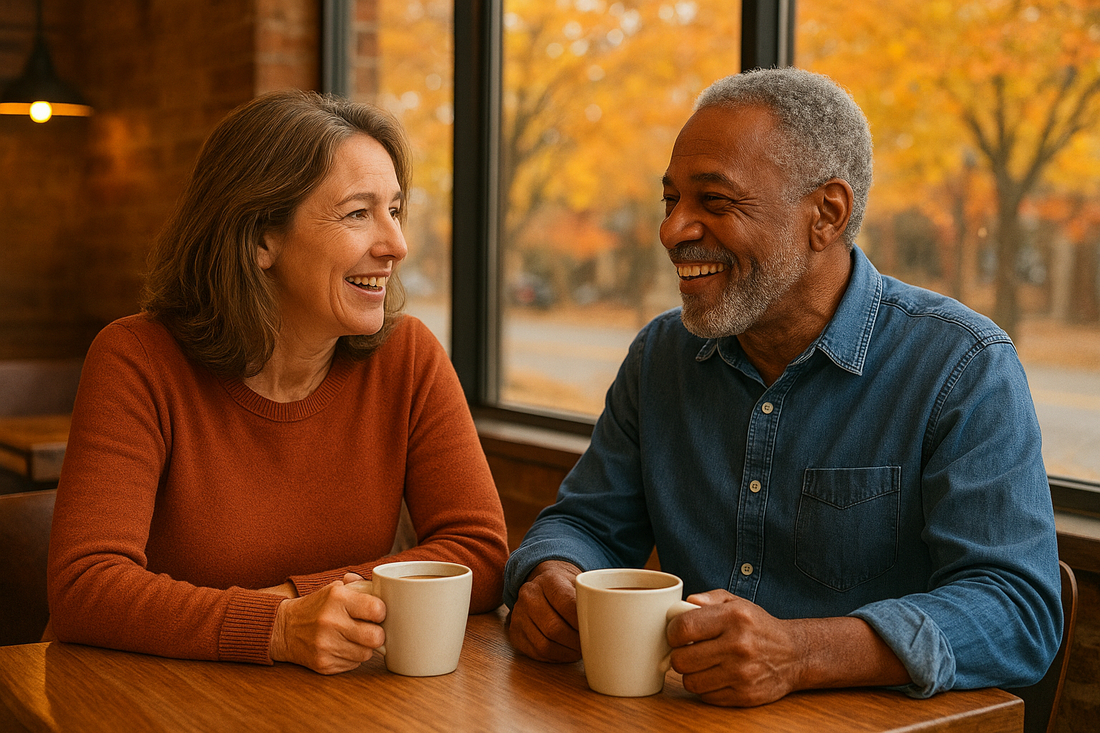 Two people having an intimate, attentive conversation at a cozy autumn café, representing the art of being a good listener and creating space for someone else's truth