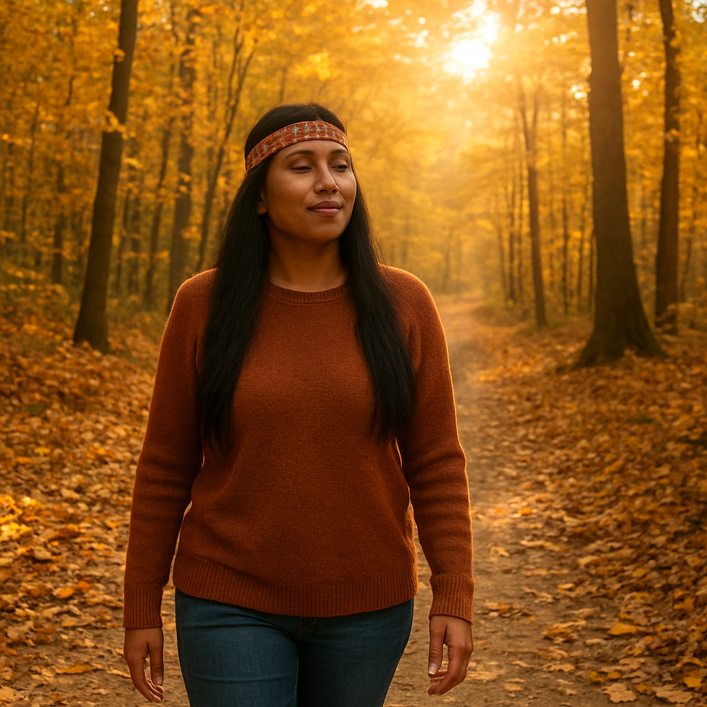 A person taking a peaceful autumn stroll through a forest, representing the daily practice of slowing down, being present, and cultivating a more peaceful life