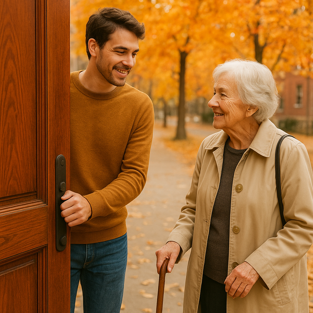 Two people sharing a warm, gentle moment on an autumn walk, representing the beauty and simplicity of performing small acts of kindness every day