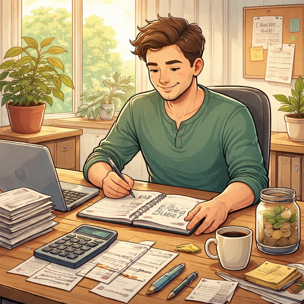 Open notebook with budget tracking and a cup of tea, representing the peace and clarity that comes from mindful financial awareness