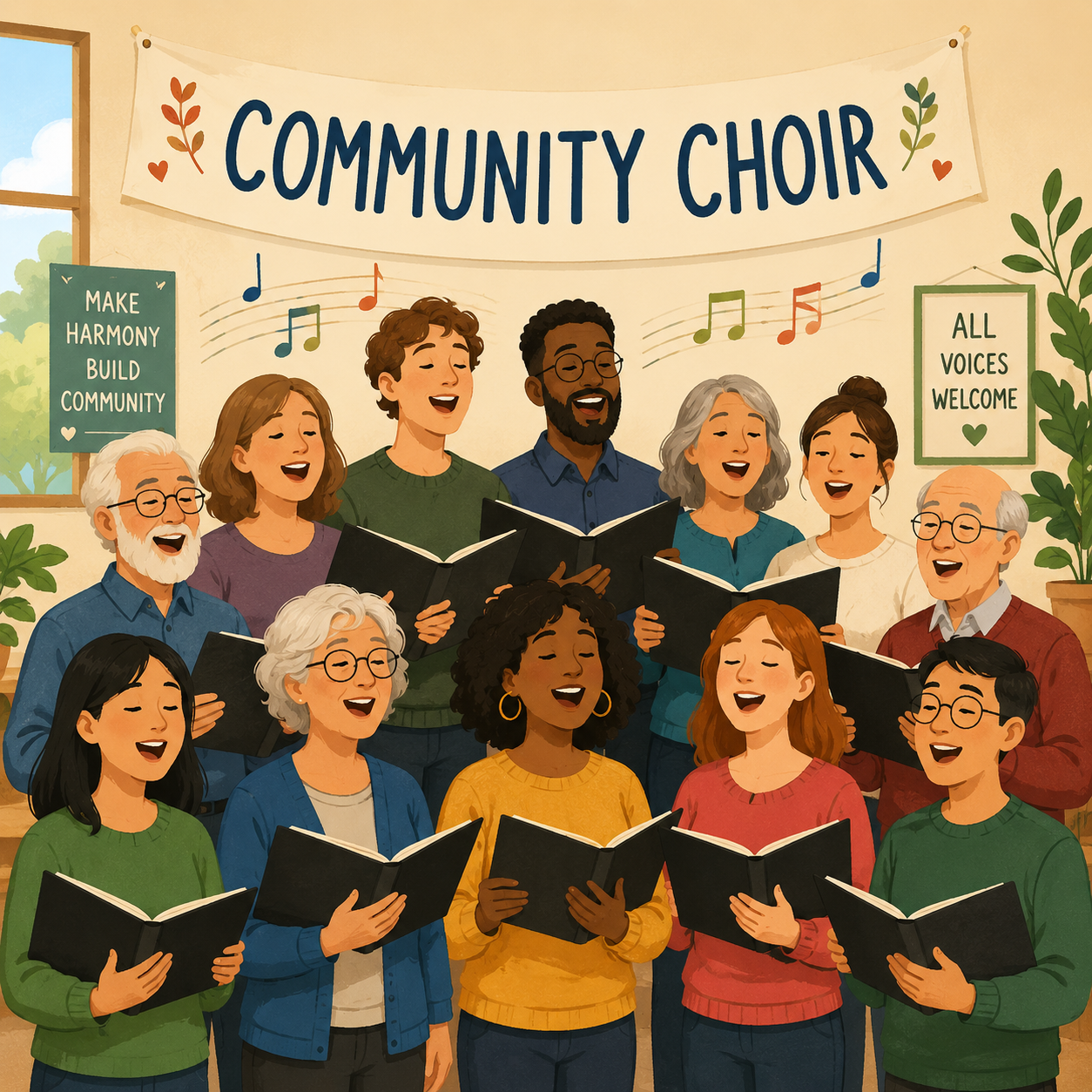 A community choir singing together, representing the connection between choral singing and meditation practice