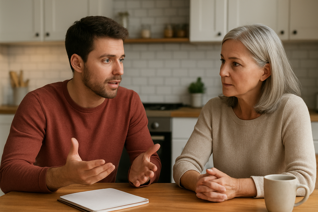 Two people engaged in an honest conversation at a kitchen table, representing the courage and openness needed to accept and learn from criticism