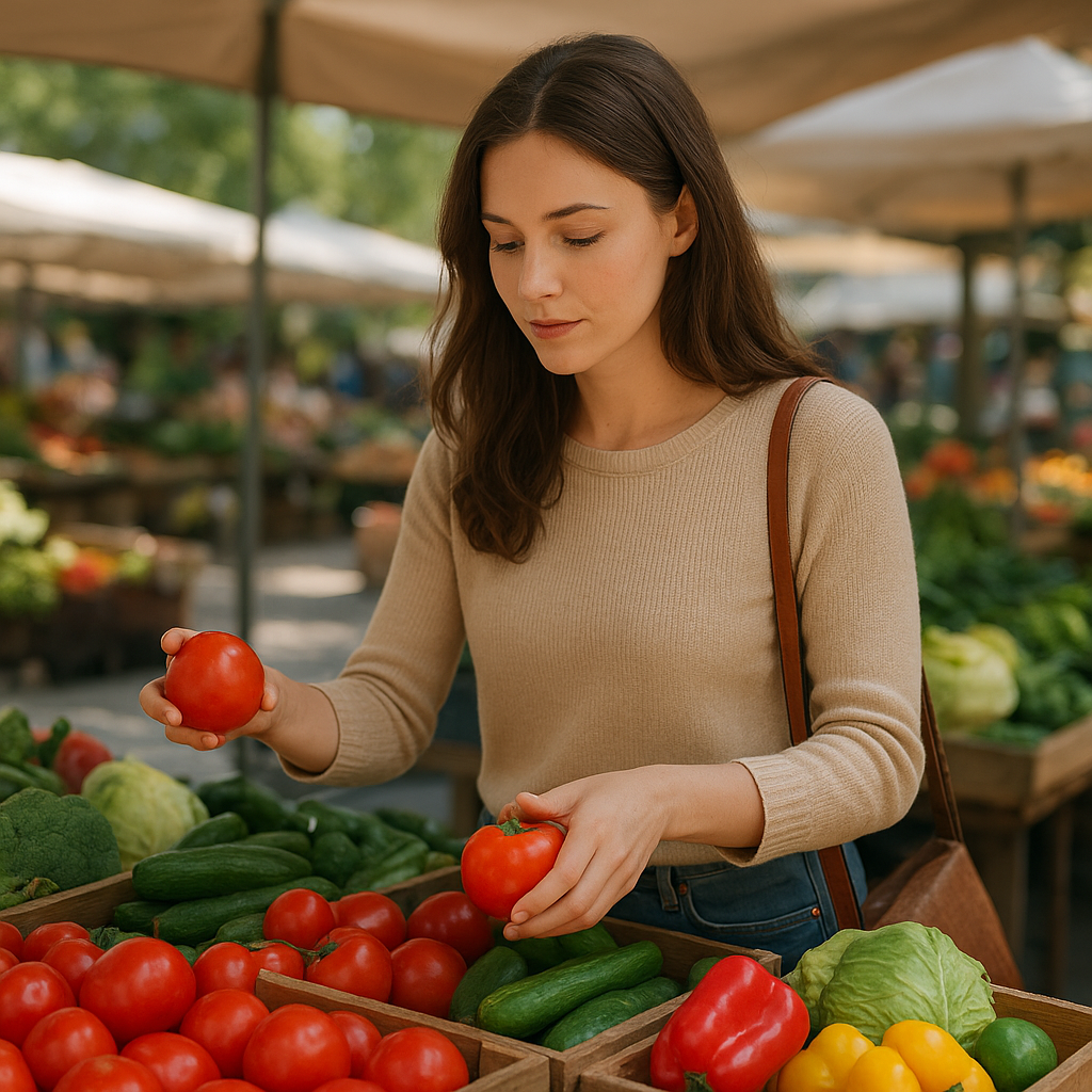 A woman carefully selecting a tomato at a farmers market, representing the power of living with intention and making conscious, deliberate choices in everyday life