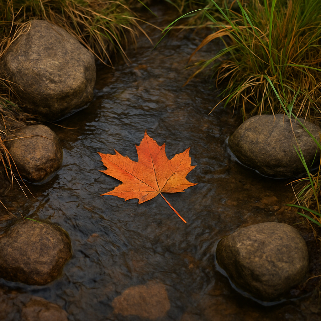 An autumn leaf freely floating in a stream symbolizing giving up control and flowing with how things are.