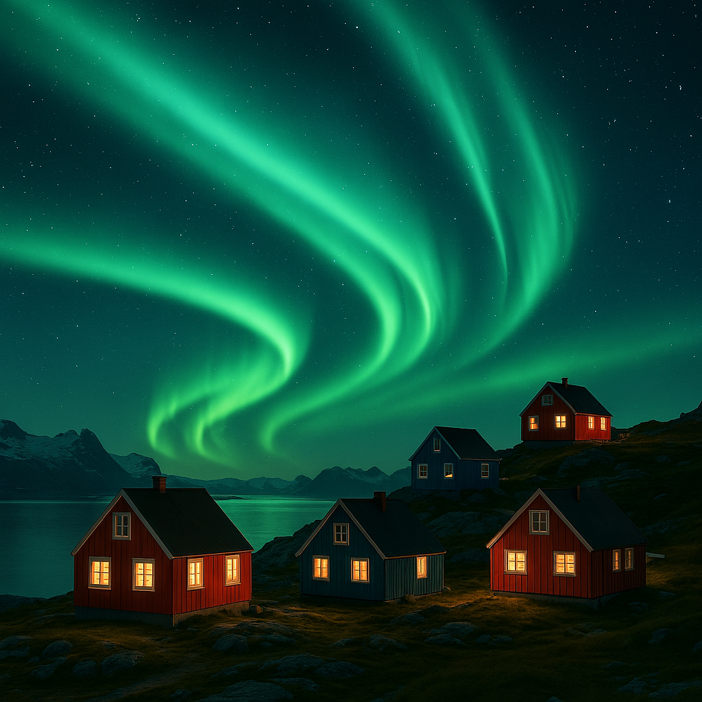 Vast Arctic landscape of Greenland with icebergs and still water, representing the meditative silence and mindfulness of the Arctic environment