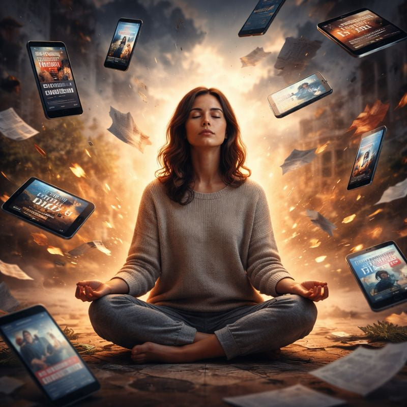 Person sitting peacefully by a window with a cup of tea, representing the choice to protect inner peace in a world of constant breaking news