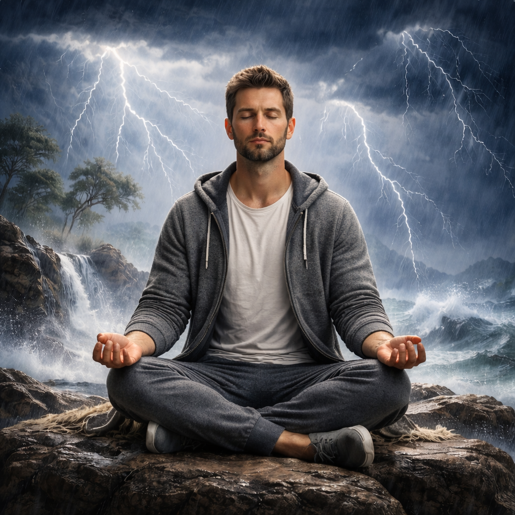 Person standing calmly at the edge of a stormy sea, representing inner stillness and groundedness amid chaos and tragedy