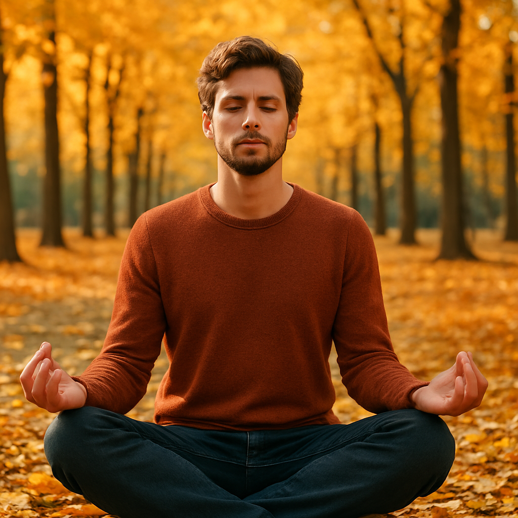 A person meditating peacefully outdoors surrounded by autumn leaves, representing the practice of finding calm and stillness amid the busyness of life