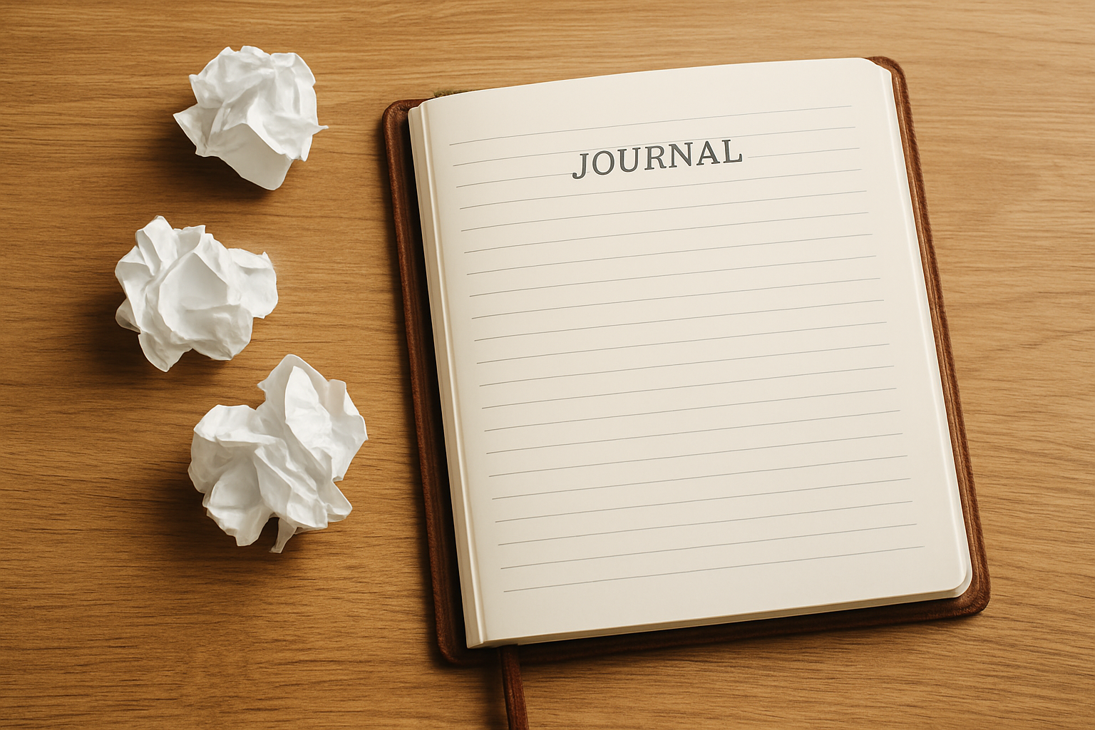 An open journal on a wooden surface with a pen resting beside it, representing the reflective practice of turning regrets into lessons and personal growth