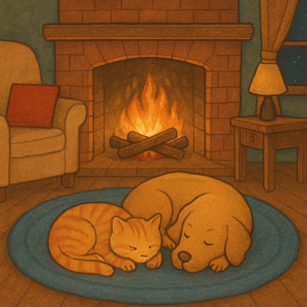 A dog and cat resting together in front of a warm fireplace, representing the comfort, companionship, and healing presence of pets during tough times