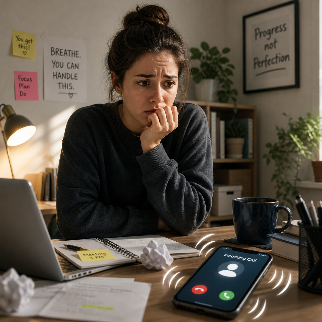 Person looking anxiously at a ringing phone, representing introvert phone call anxiety and the stress of real-time conversation
