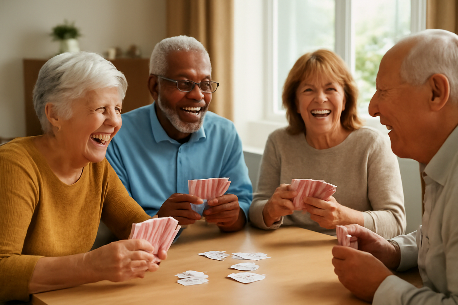 A group of older adults laughing and playing cards together, representing the joy, connection, and sense of fun that can be found at every stage of life