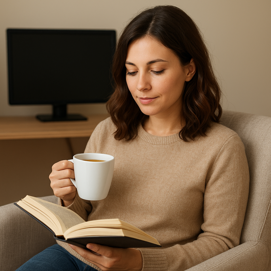A person setting down their phone and stepping away from a screen, representing the conscious choice to escape online addiction and restore peace and presence