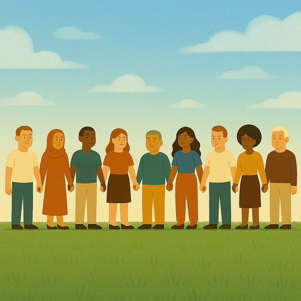 A diverse group of people standing together in a moment of unity and connection, representing the power of tolerance, empathy, and shared humanity