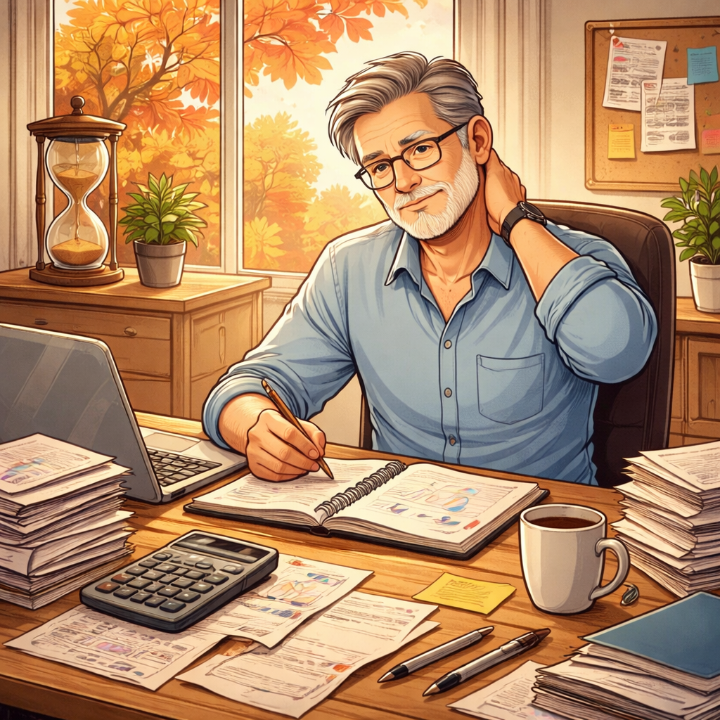 Older professional looking tired at a desk, representing burnout and workplace challenges for workers over 60