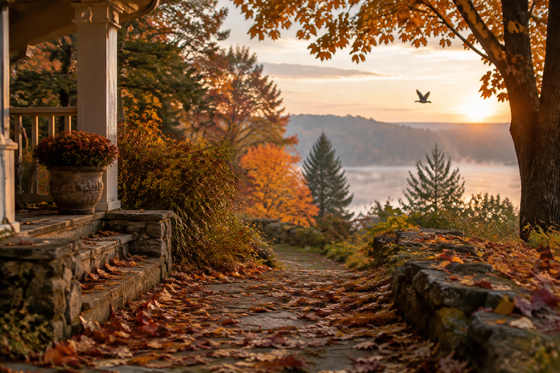 A quiet autumn path scattered with fallen leaves in soft afternoon light