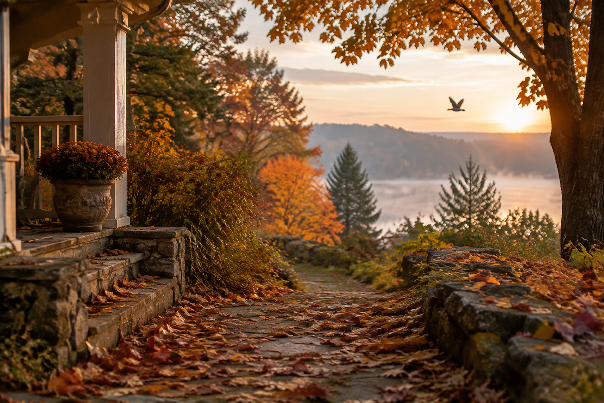 A quiet autumn path scattered with fallen leaves in soft afternoon light