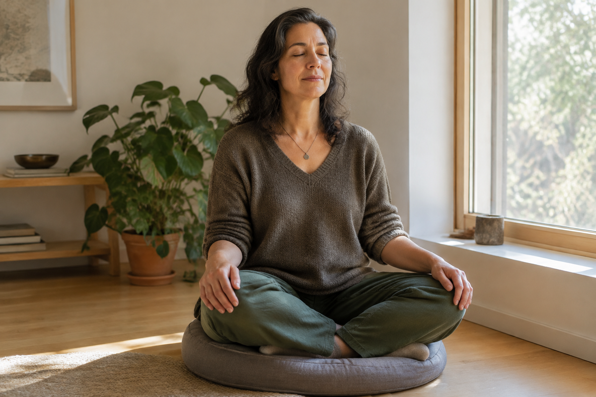 A person sitting cross-legged and at ease on a meditation cushion by a sunlit window