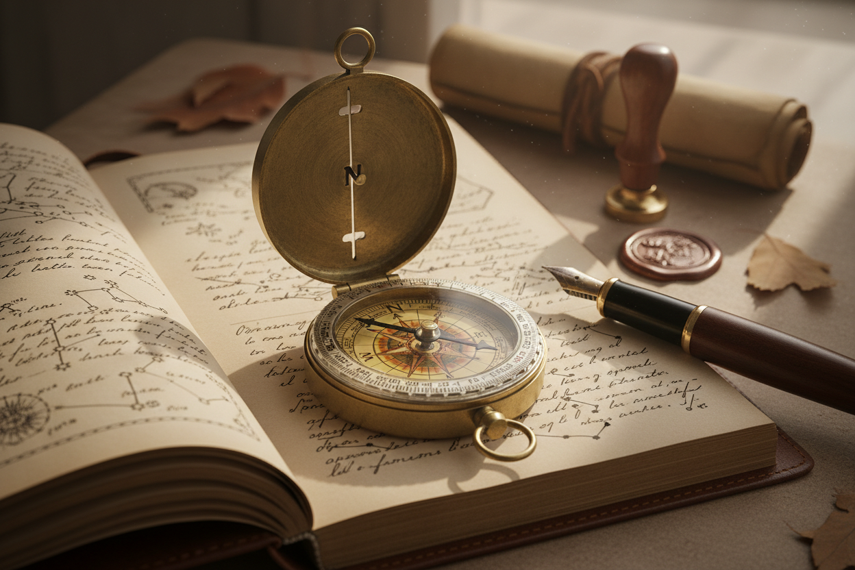 A vintage brass compass resting on an open journal with handwritten notes, in warm natural light.