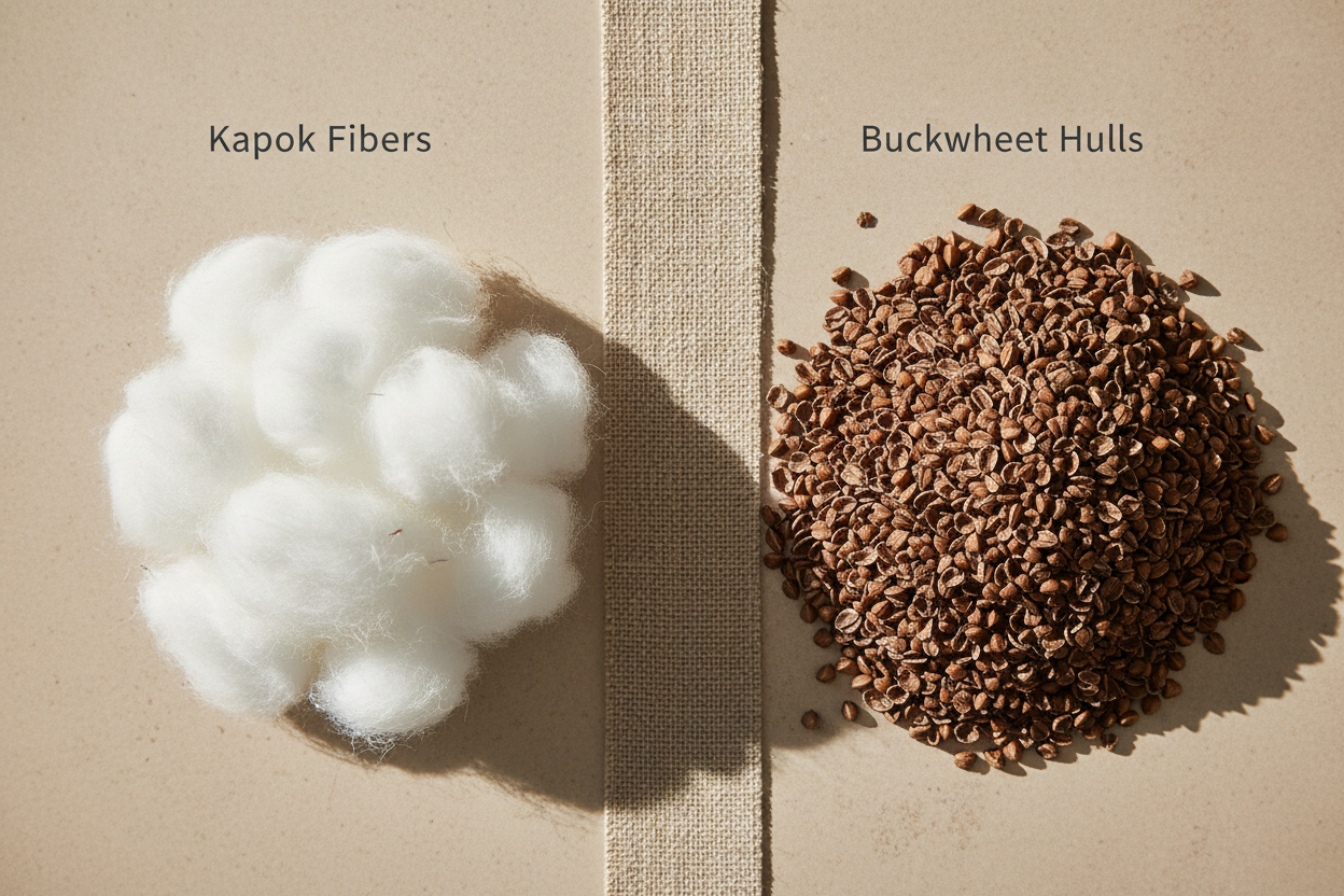 Kapok fibers and buckwheat hulls side by side comparison for meditation cushion fill