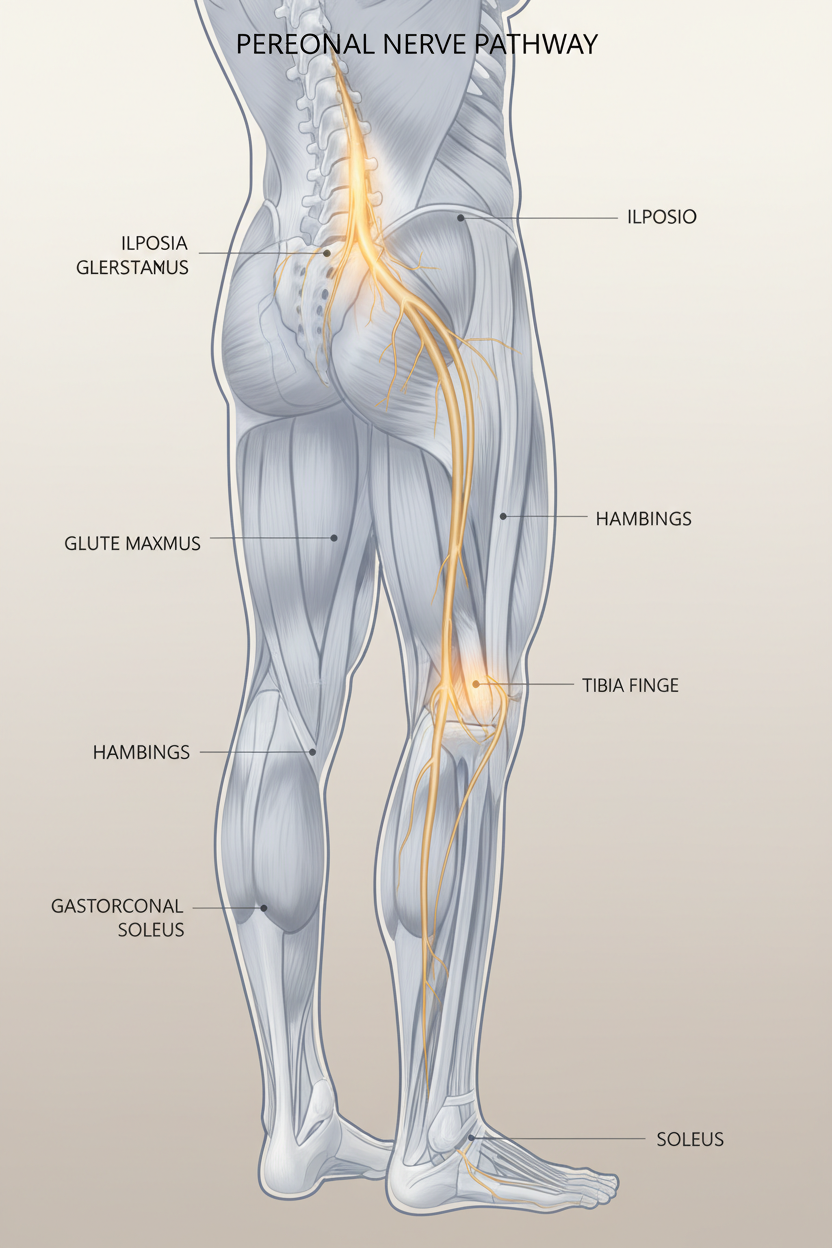 Illustration of the peroneal nerve channel running down the lower leg, relevant to leg numbness during meditation