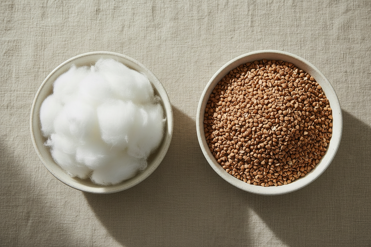 Kapok fibers and buckwheat hulls side by side comparison for meditation cushion fill