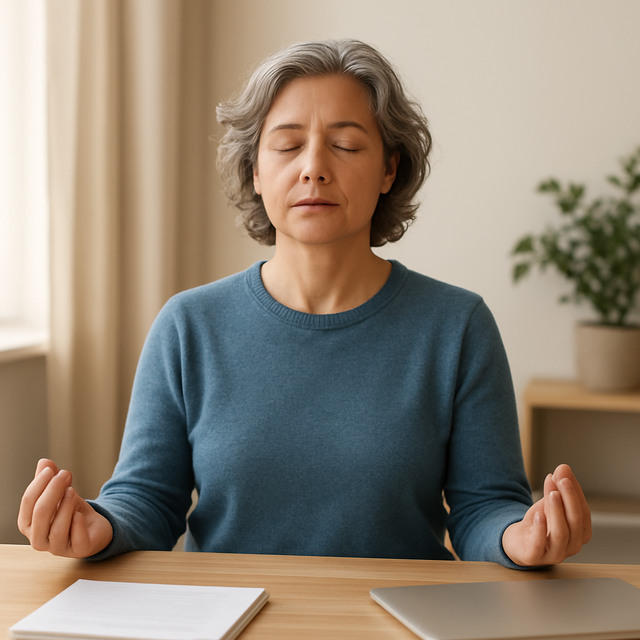 Person pausing at a desk with eyes closed and hands resting calmly, representing the practice of micro-meditation during a busy day