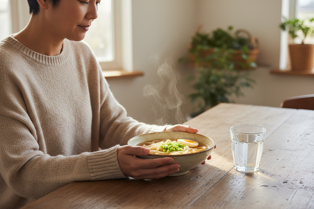 Person sitting at a table with a steaming bowl of noodle broth and a glass of water