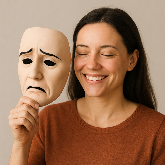 A person gently peeling away a mask, representing the courageous process of breaking free from people-pleasing and embracing your authentic self