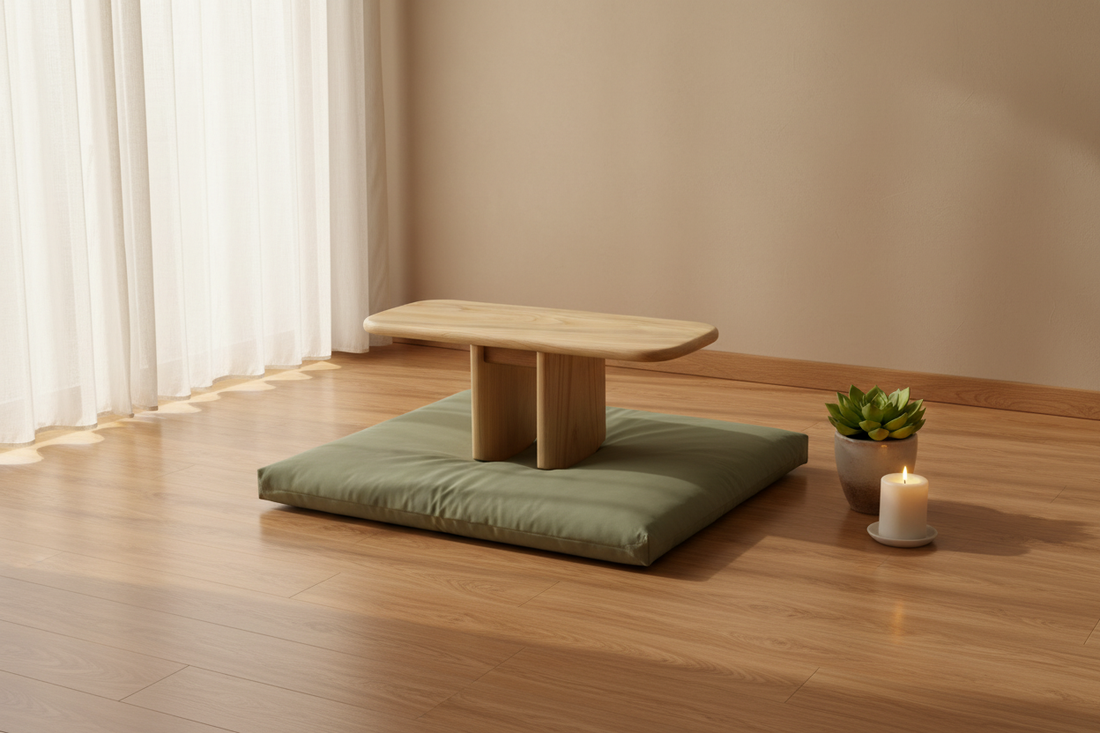 Original Pi Meditation Bench on a Zabuton Meditation Cushion in a serene meditation space.