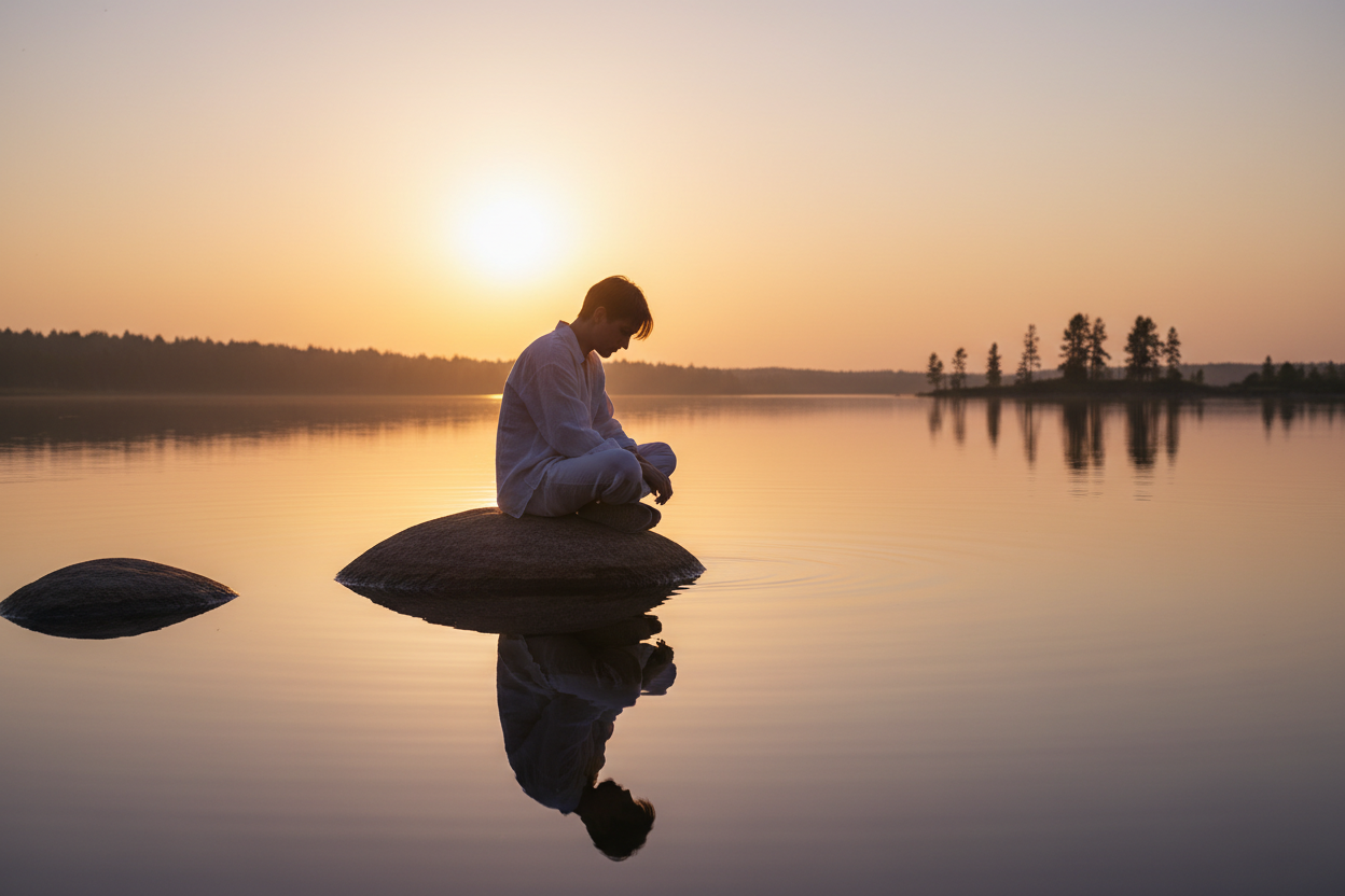A person sitting peacefully beside a still lake at golden hour, gazing at their reflection in the calm water, representing the practice of self-reflection and comparing yourself to your past self