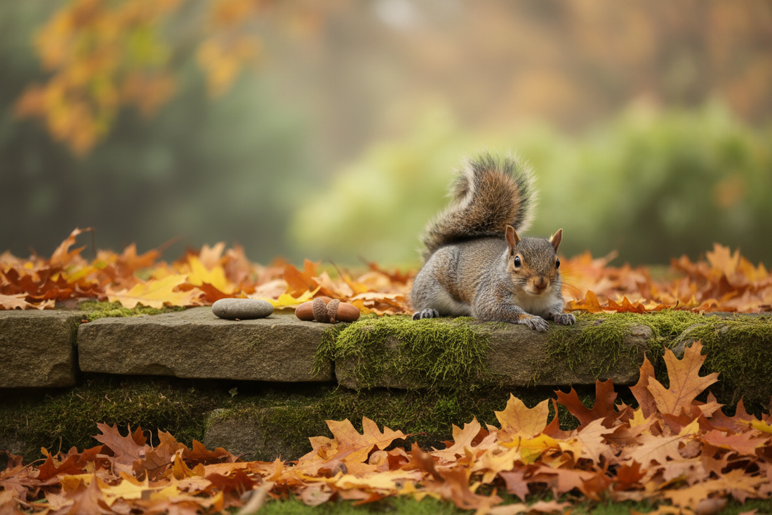 A squirrel on a stone wall in a rich, warm fall setting.