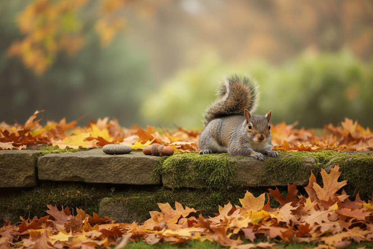 A squirrel on a stone wall in a rich, warm fall setting.