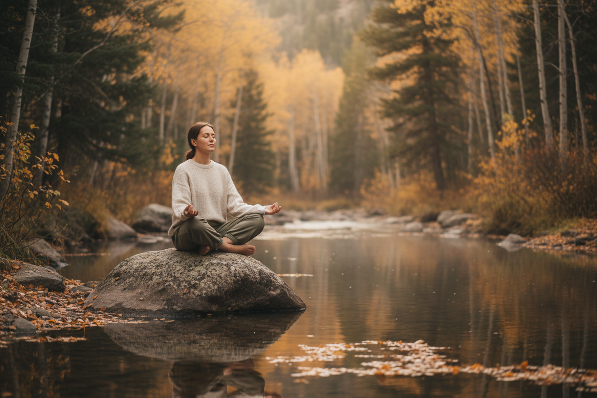 A person sitting peacefully by a window during a rainy day, representing the practice of staying calm and present during times of change and difficulty