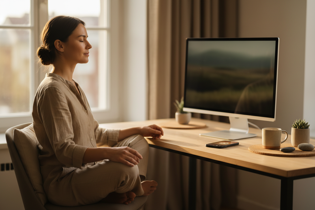 A person sitting calmly at her work desk, getting centered and relaxed before a busy day of helping others.