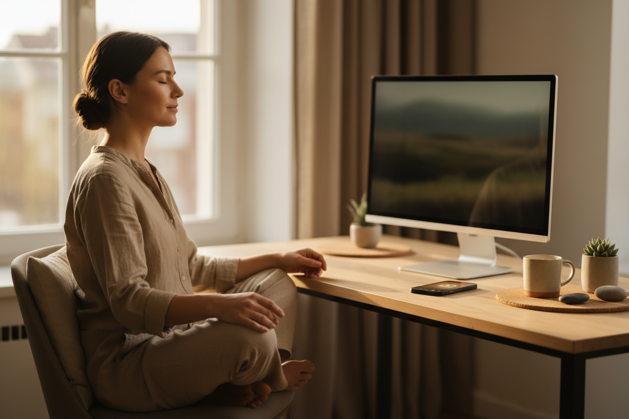A person sitting calmly at her work desk, getting centered and relaxed before a busy day of helping others.
