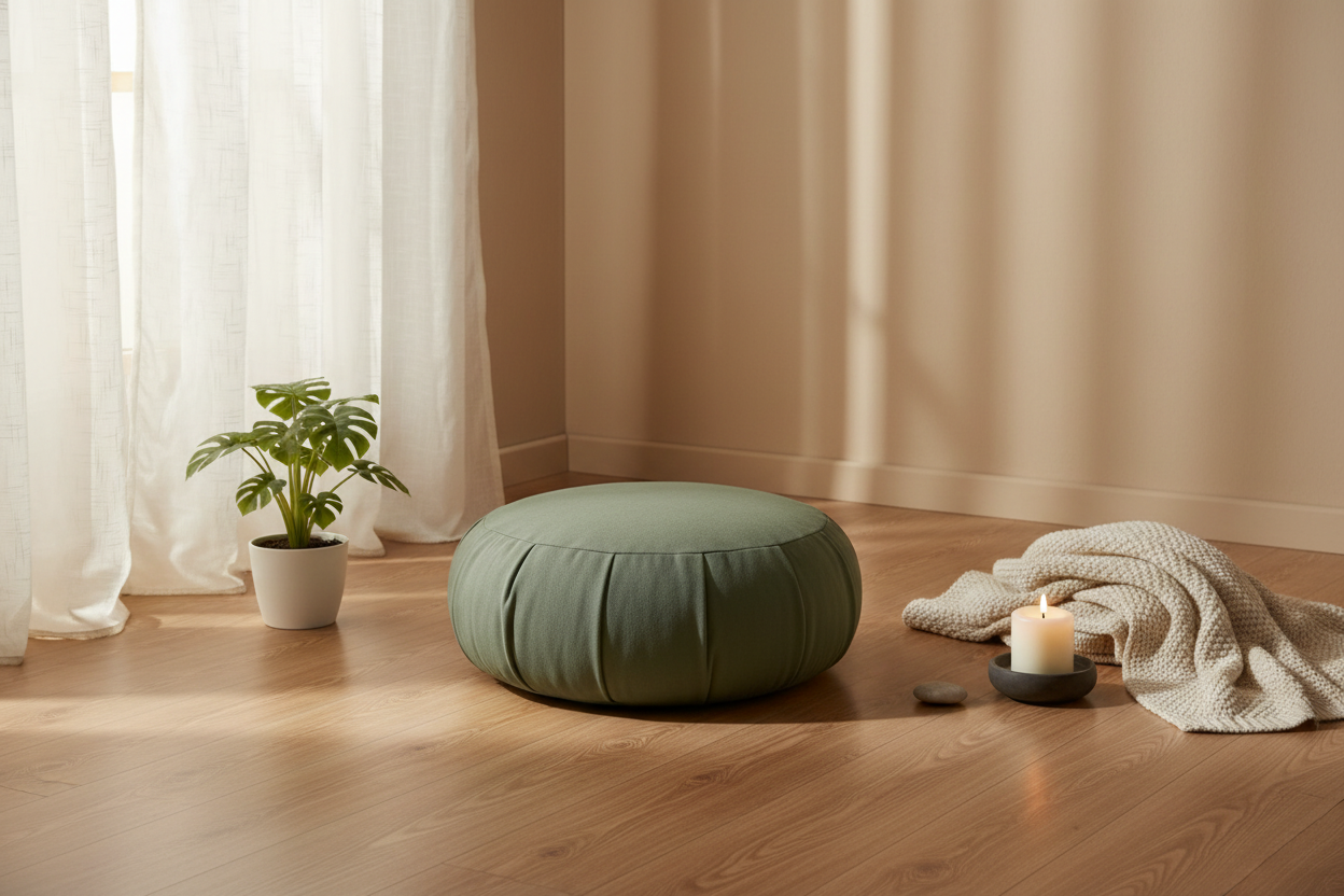 Sage Meditation sage green zafu meditation cushion in a clean, warm setting.