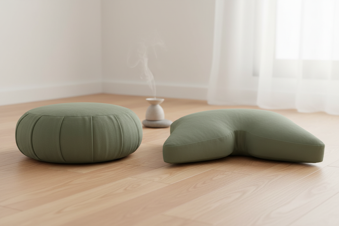 Traditional Zafu meditation cushion and the more modern and comfortable Cosmic Cushion meditation cushion